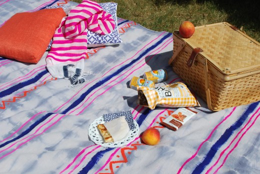 Pink, blue and white Batik dyed picnic blanket.