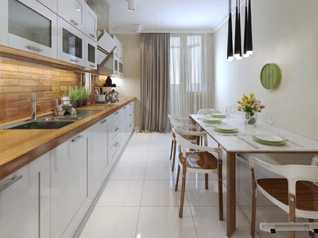 White kitchen with wood countertops