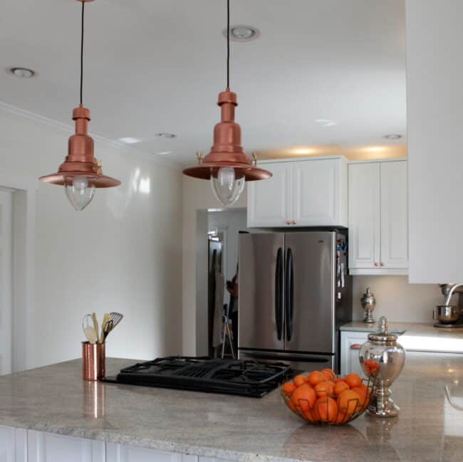 Copper pendant lights.