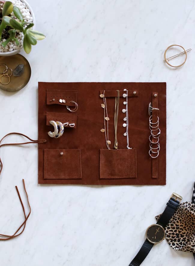 Brown leather jewelry roll