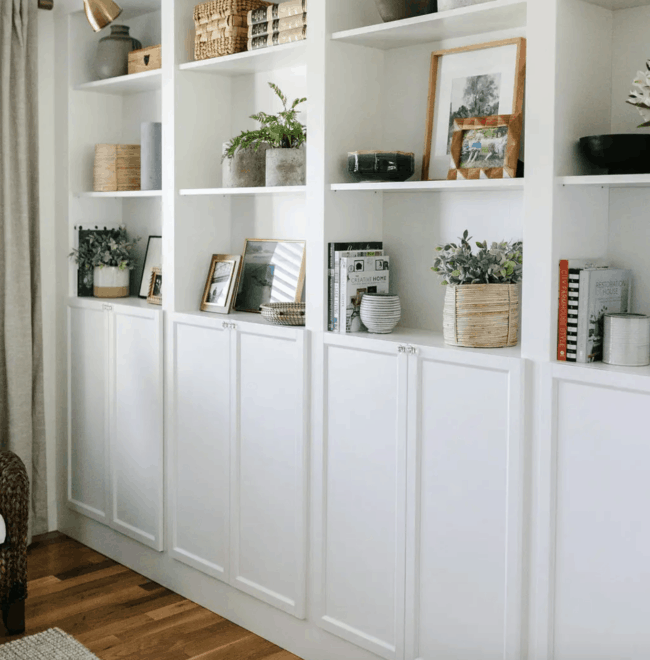 White built-in shelving.