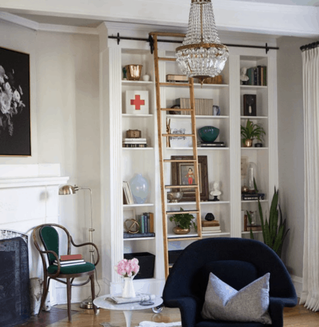 White built-in bookshelves.