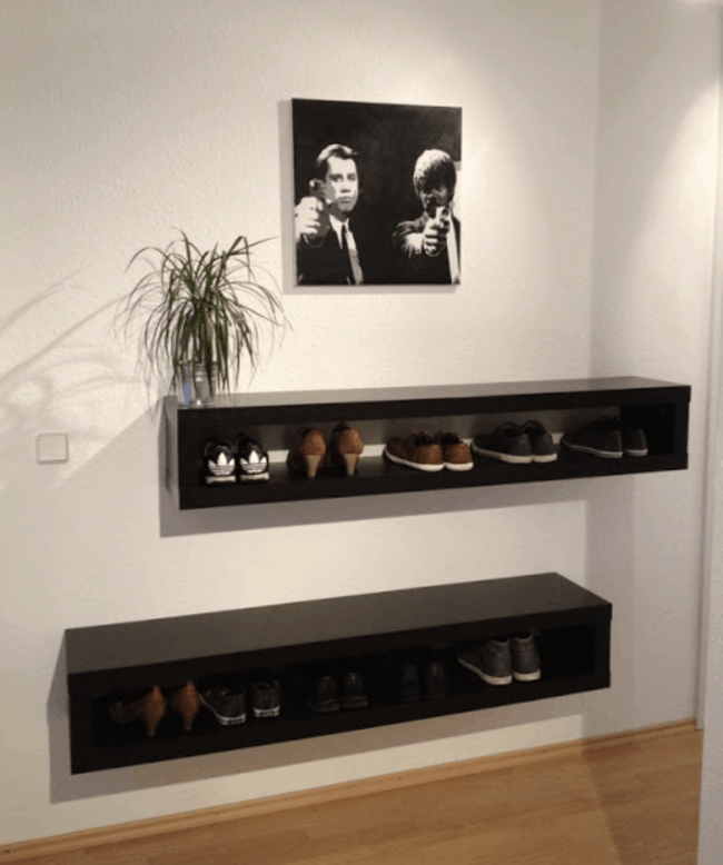 Brown wall mounted Lack shoe cabinet.