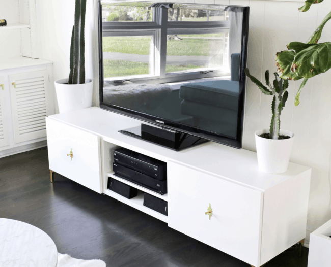 White Mid Century Modern TV stand.