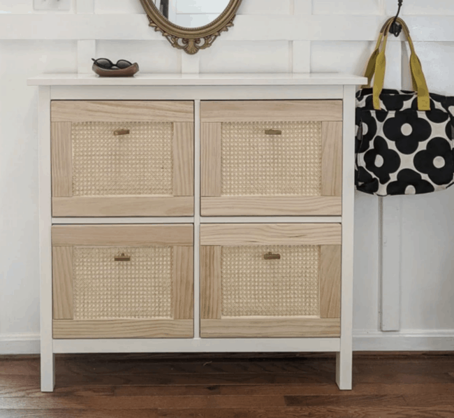 White and brown cane drawer front Hemnes shoe storage unit.