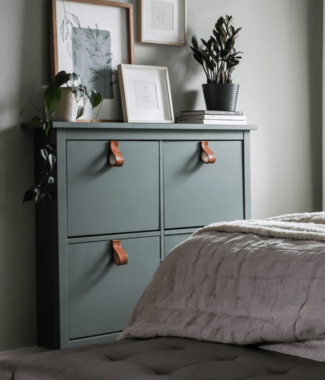 Green painted Hemnes shoe cabinet storage unit with leather pulls.