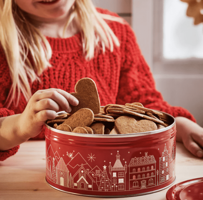 red tin full of ginger cookies.