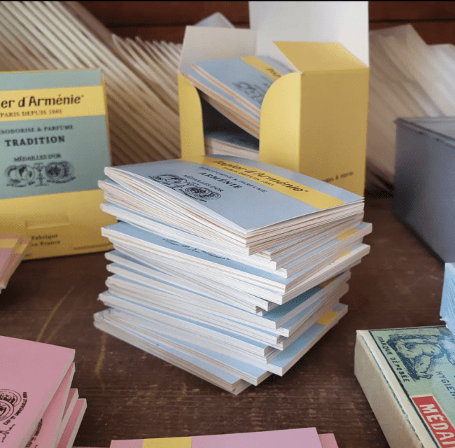 Papier d'armenie: beautiful little French booklets containing strips of perfumed incense paper, that when burned create a gorgeous perfumed scent for your home