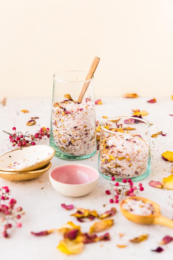 Rose petal bath salts in glass jar.