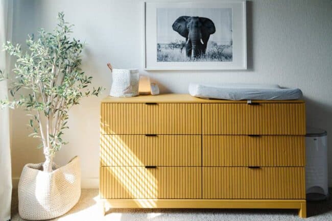 Yellow fluted IKEA Tarva dresser.