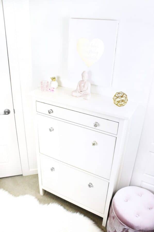 White IKEA Hemnes 2 compartment shoe storage unit turned into vanity dresser.